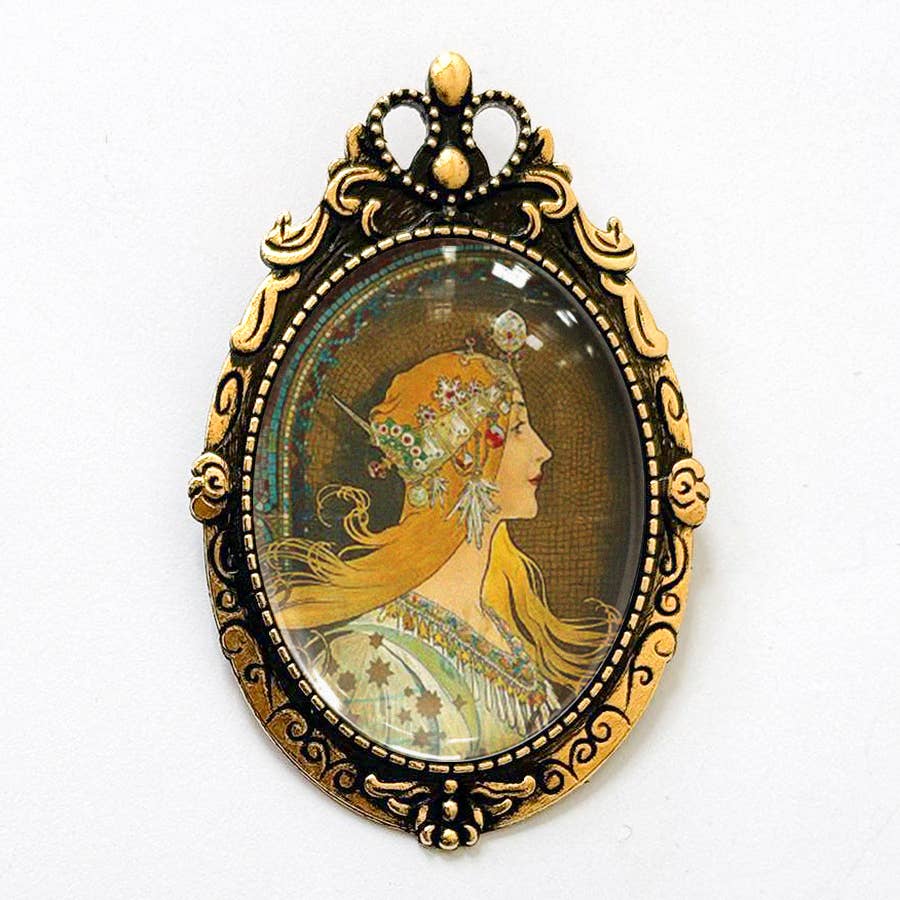 Art Nouveau Mucha Zodiac Brooch Vintage Poster Art