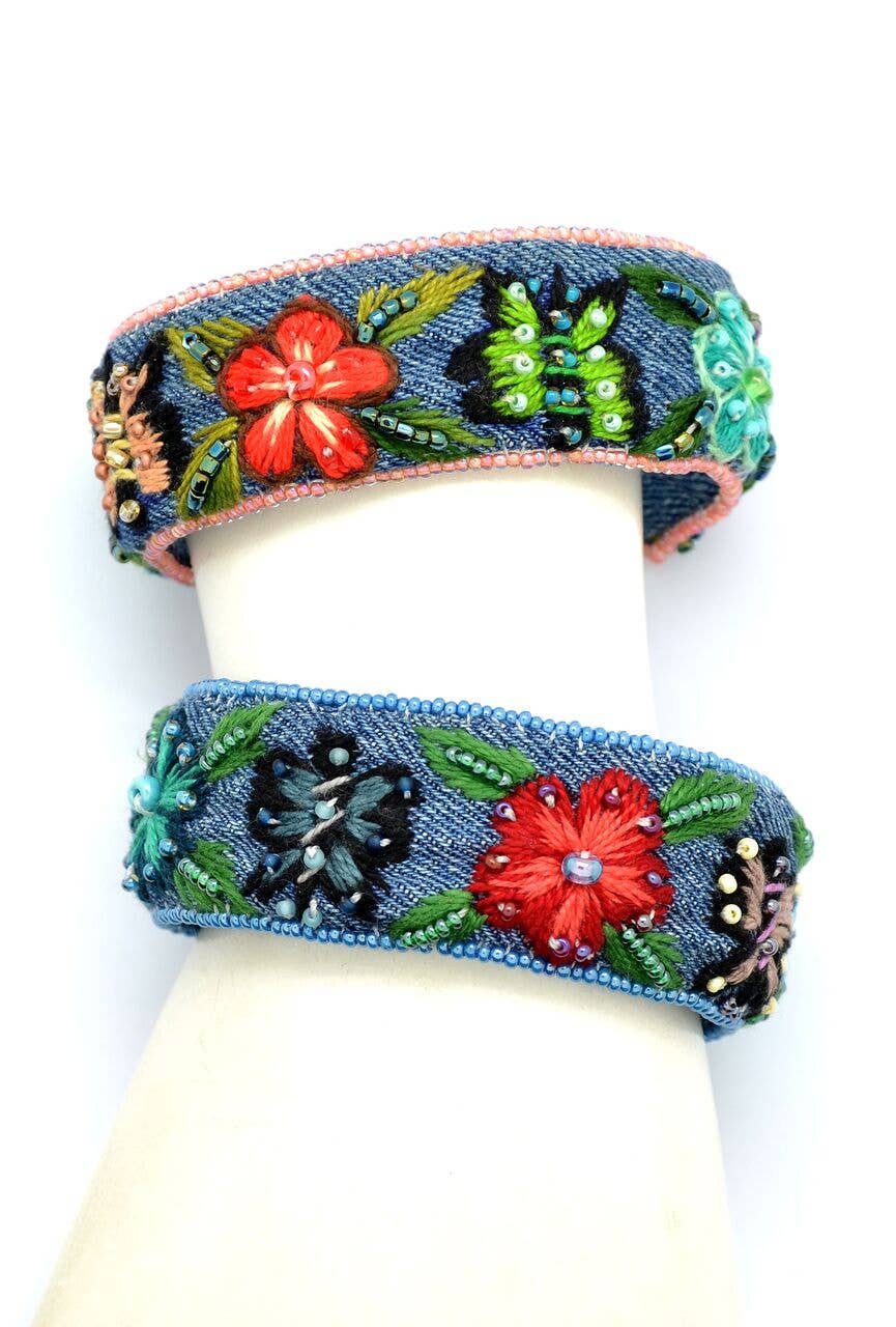 Embroidered & Beaded Denim Flower Cuff Bracelet