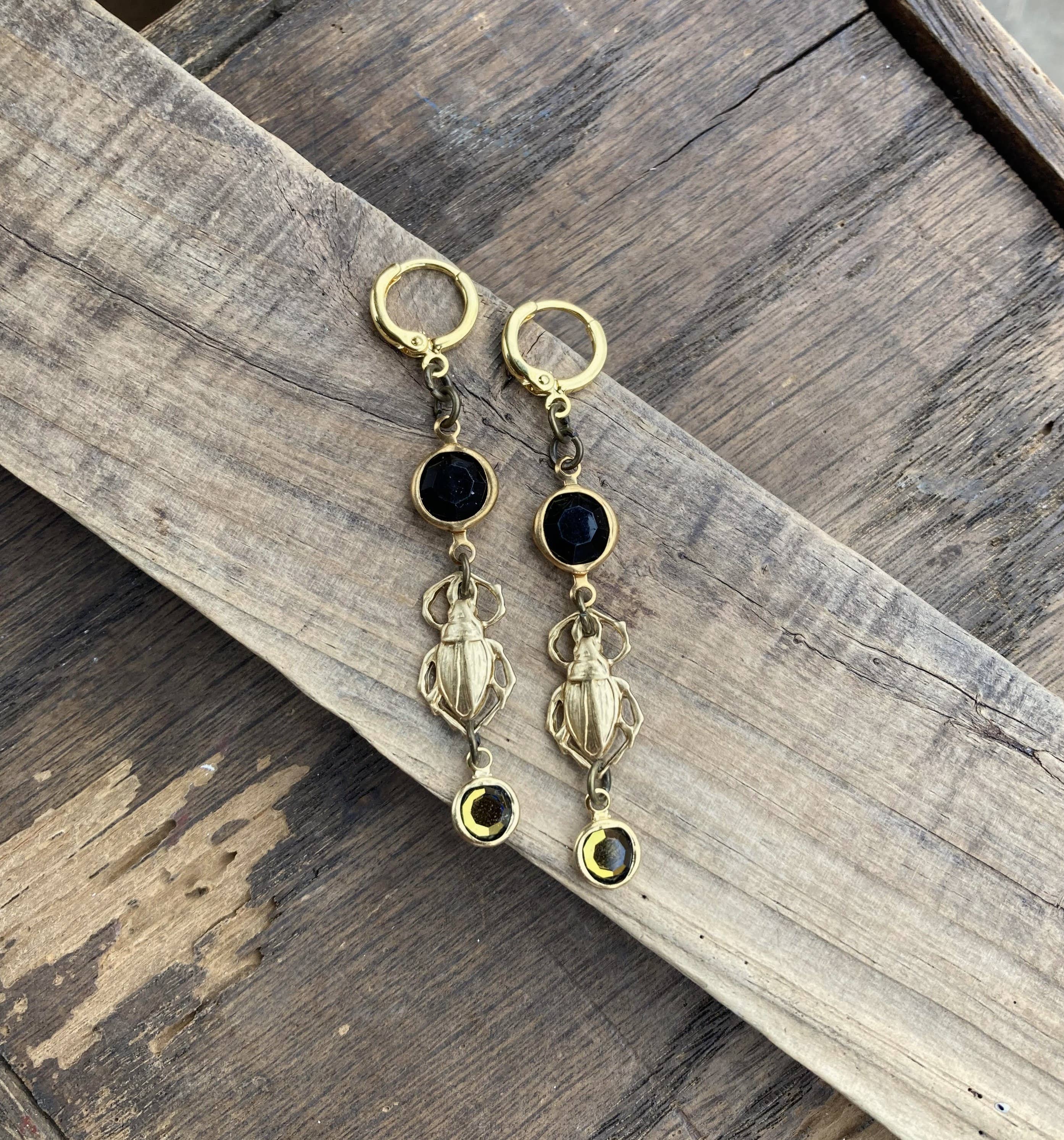 Brass & Crystal Beetle Huggie Hoop Earrings