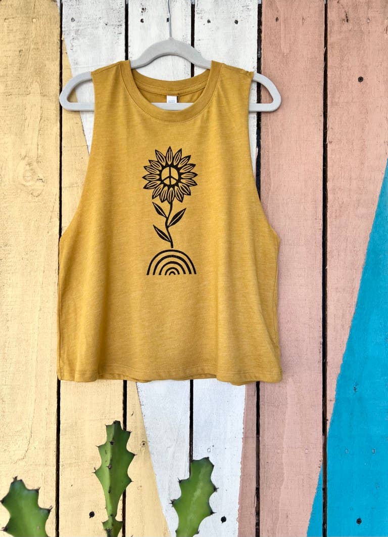 Bliss Women's Racerback Cropped Tank, Peace Sunflower Top