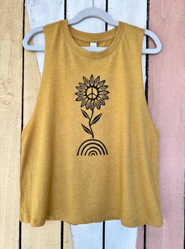 Bliss Women's Racerback Cropped Tank, Peace Sunflower Top
