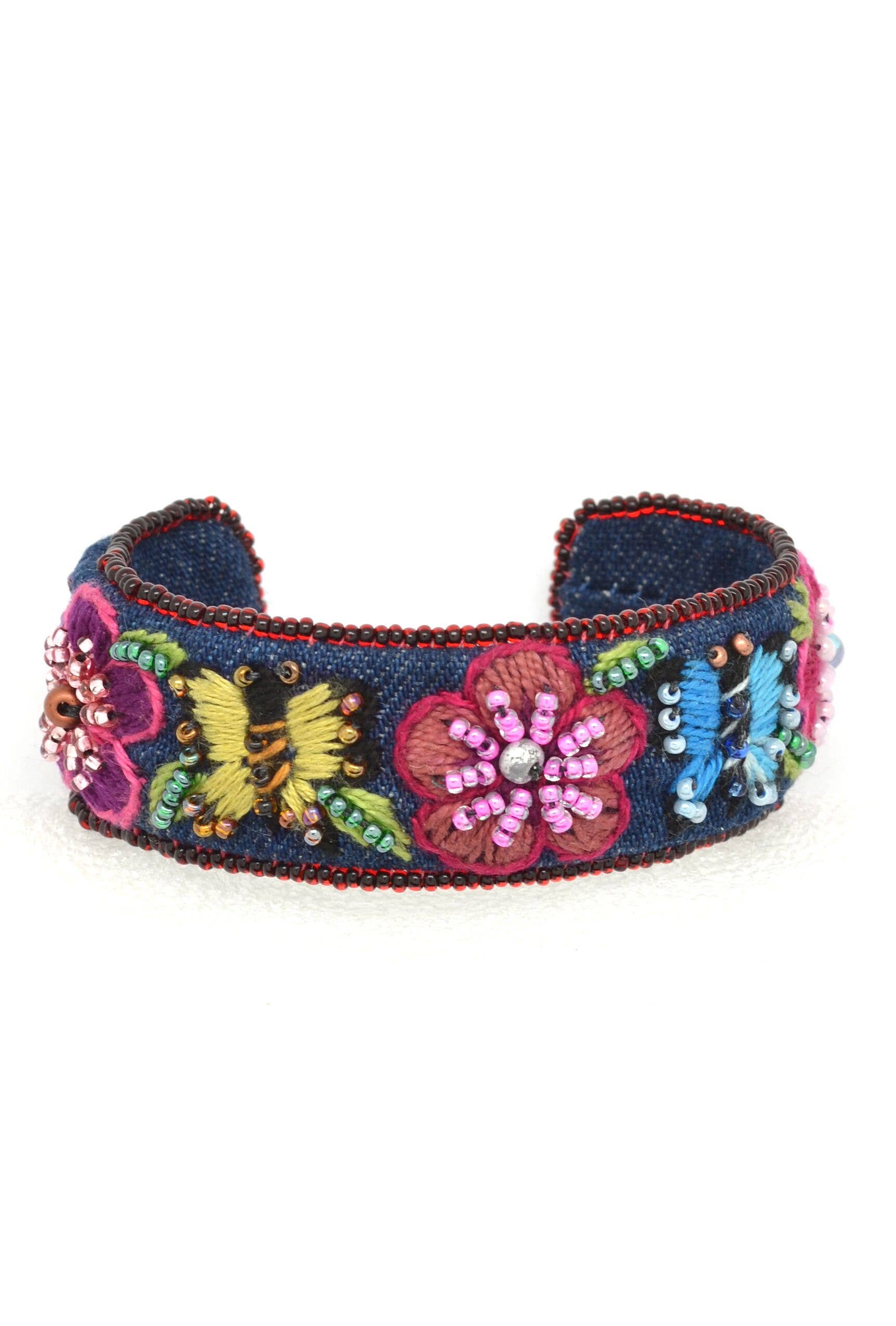 Embroidered & Beaded Denim Flower Cuff Bracelet