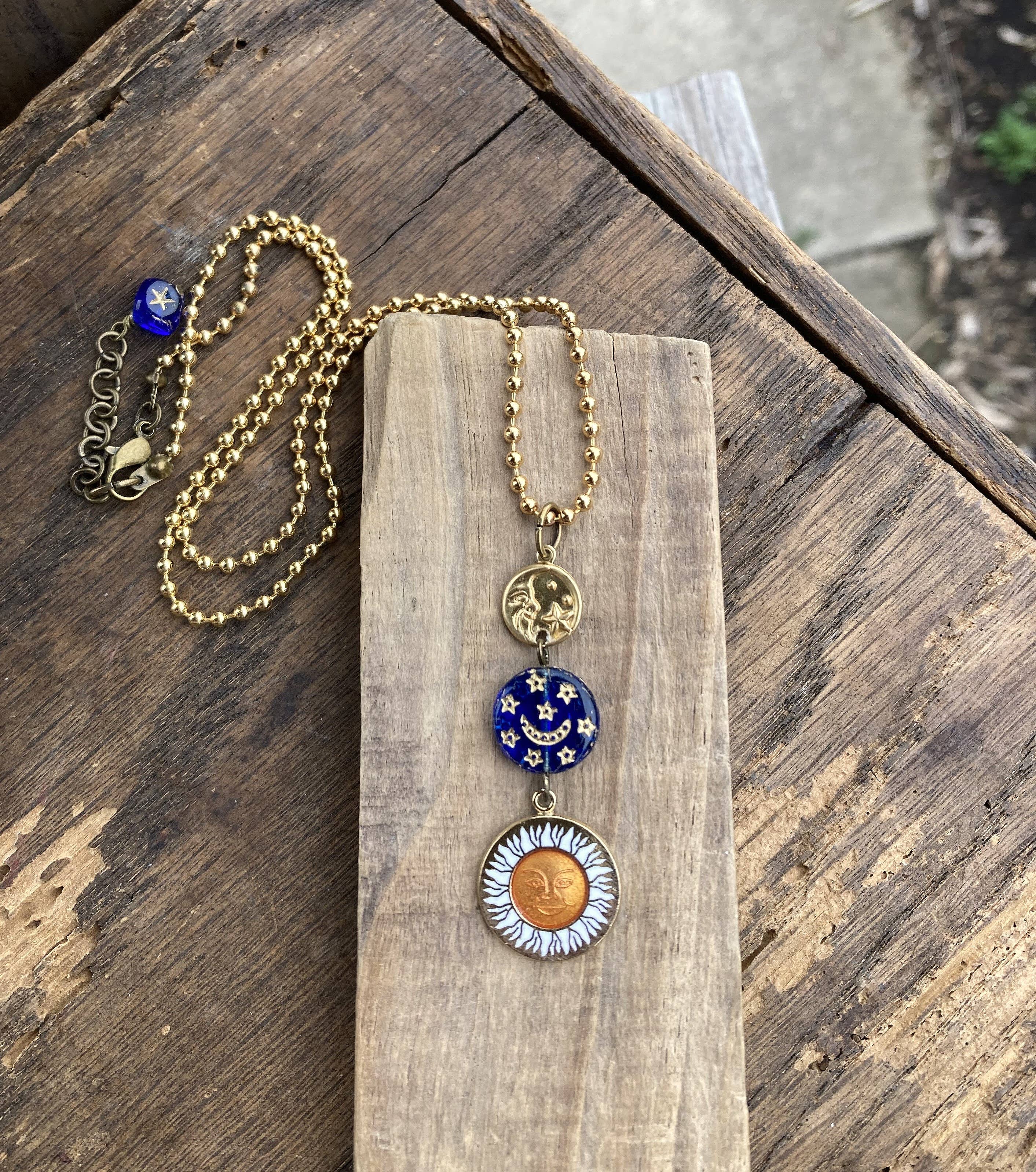 Enamel Sun & Crescent Moon Lariat Necklace