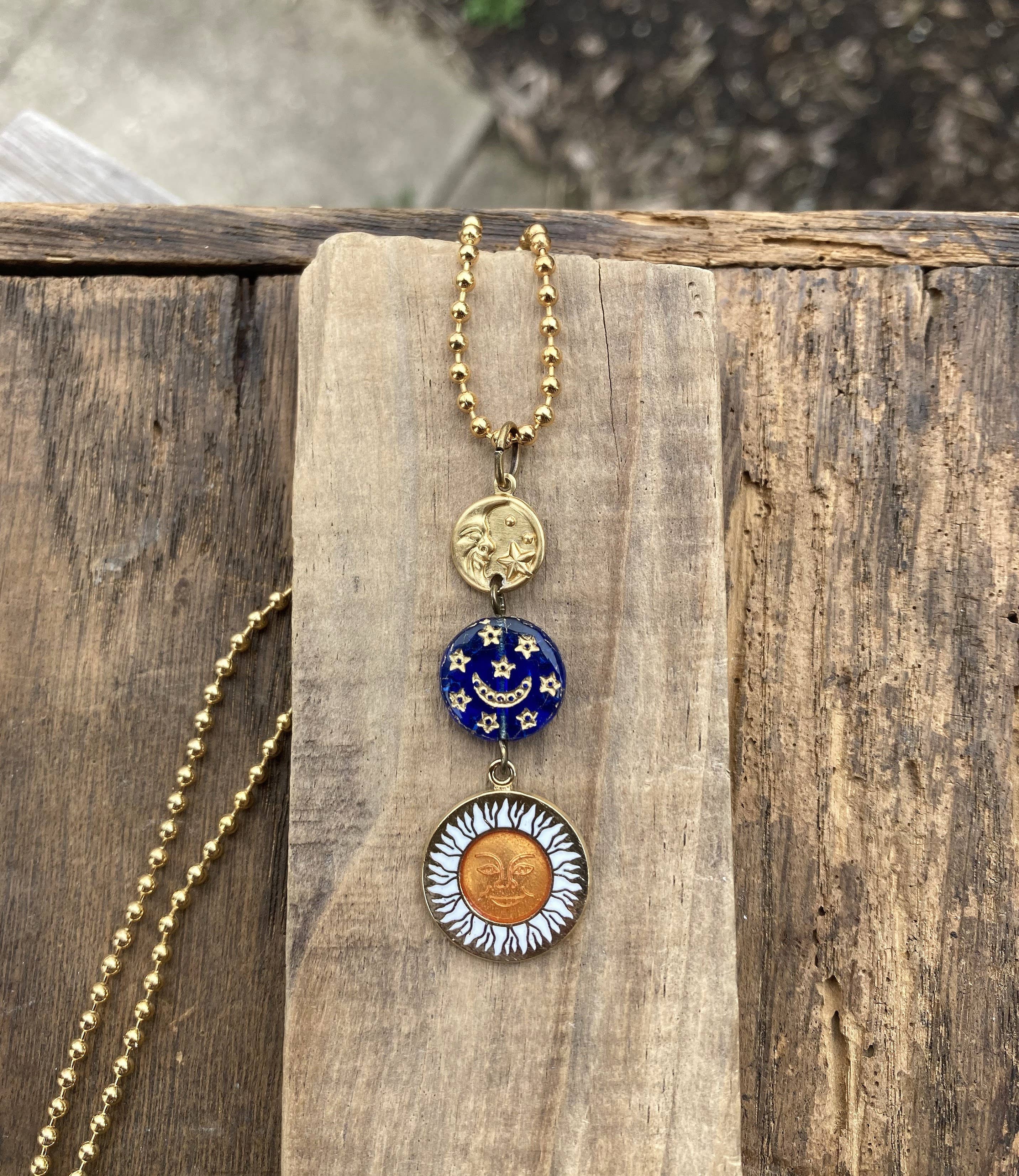 Enamel Sun & Crescent Moon Lariat Necklace