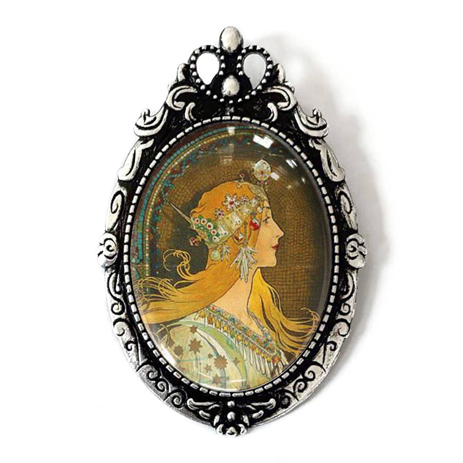 Art Nouveau Mucha Zodiac Brooch Vintage Poster Art