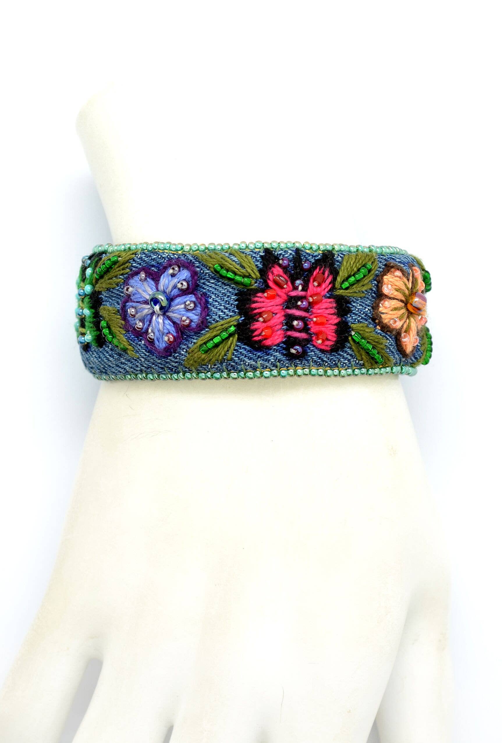 Embroidered & Beaded Denim Flower Cuff Bracelet