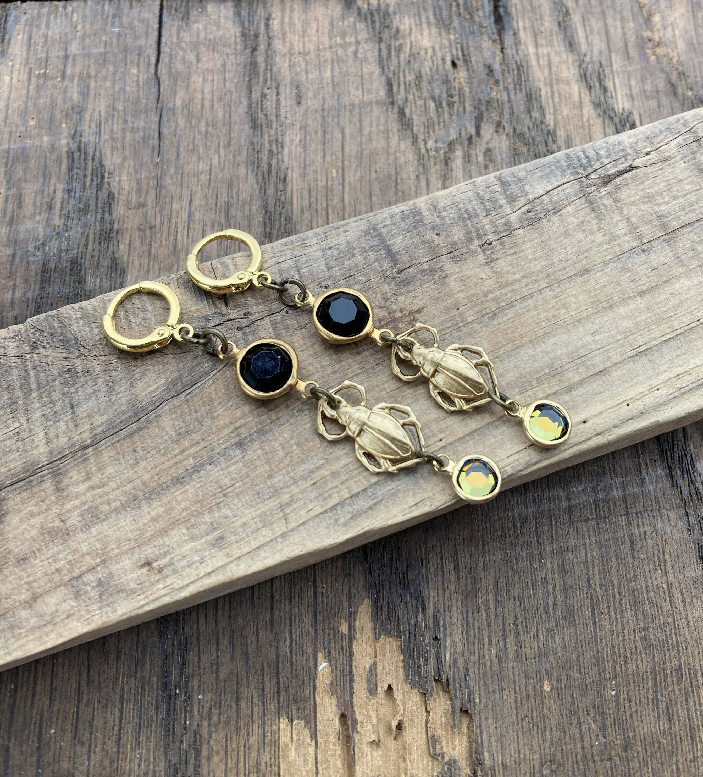 Brass & Crystal Beetle Huggie Hoop Earrings