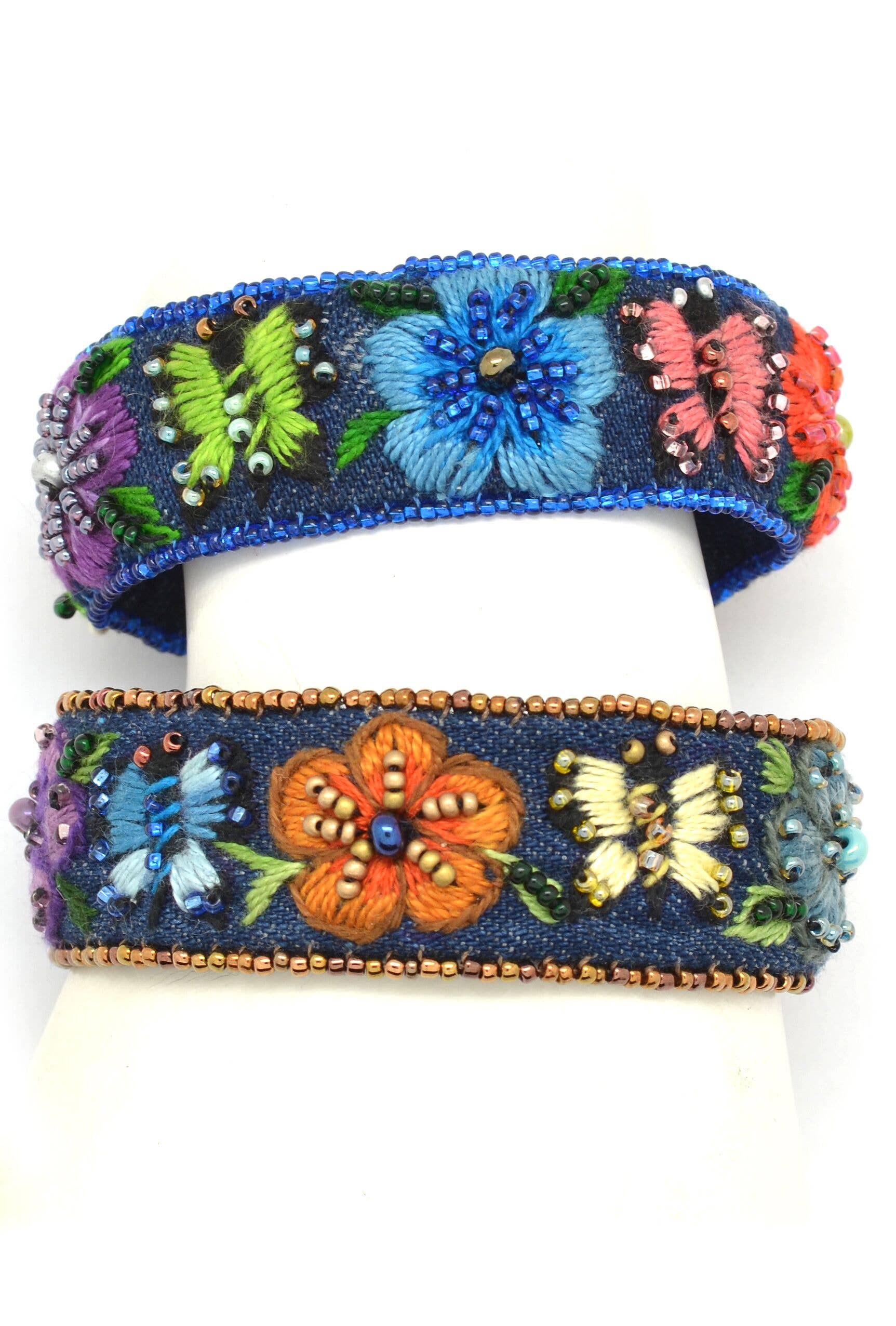 Embroidered & Beaded Denim Flower Cuff Bracelet