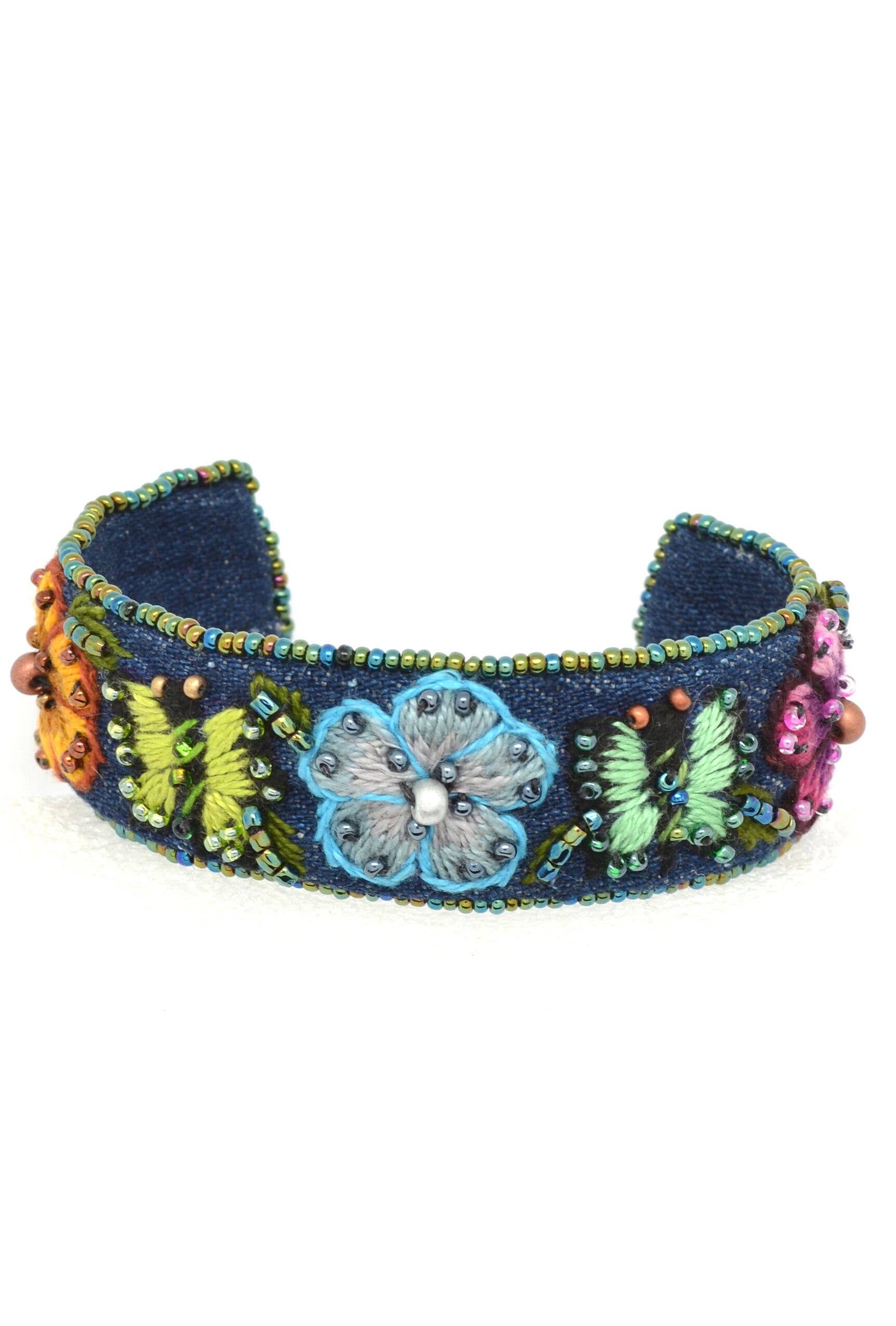 Embroidered & Beaded Denim Flower Cuff Bracelet