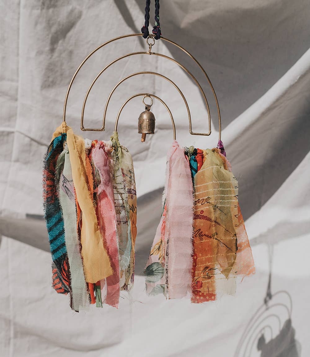 Rainbow Bell Wind Chime Upcycled Sari - Handmade Home