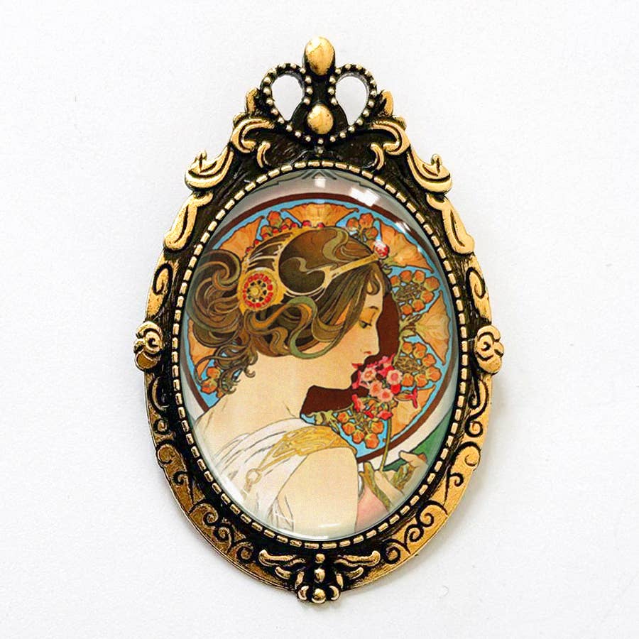 Art Nouveau Mucha Primrose Brooch Vintage La Primavera Art