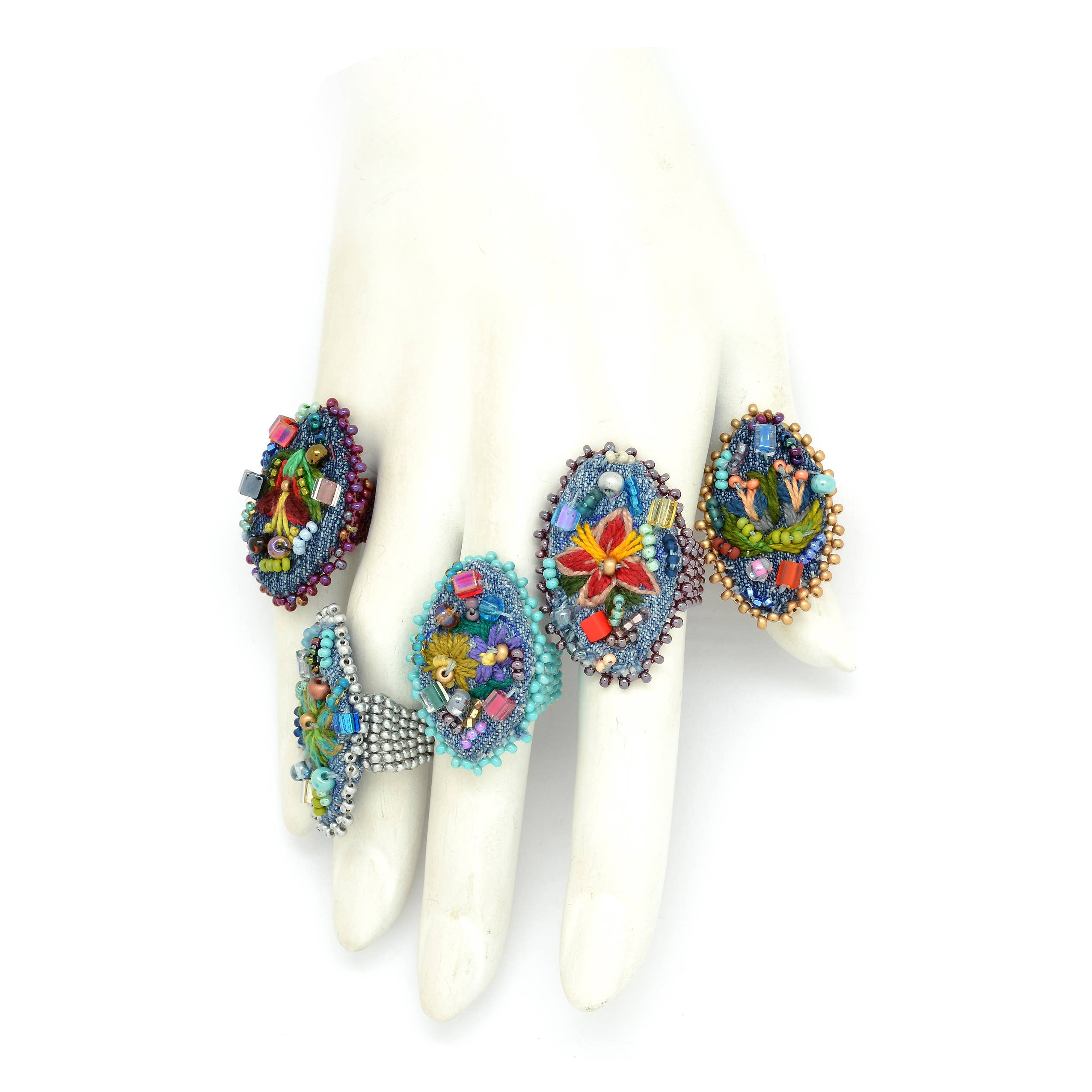 Beaded & Embroidered Flower Frida Rings