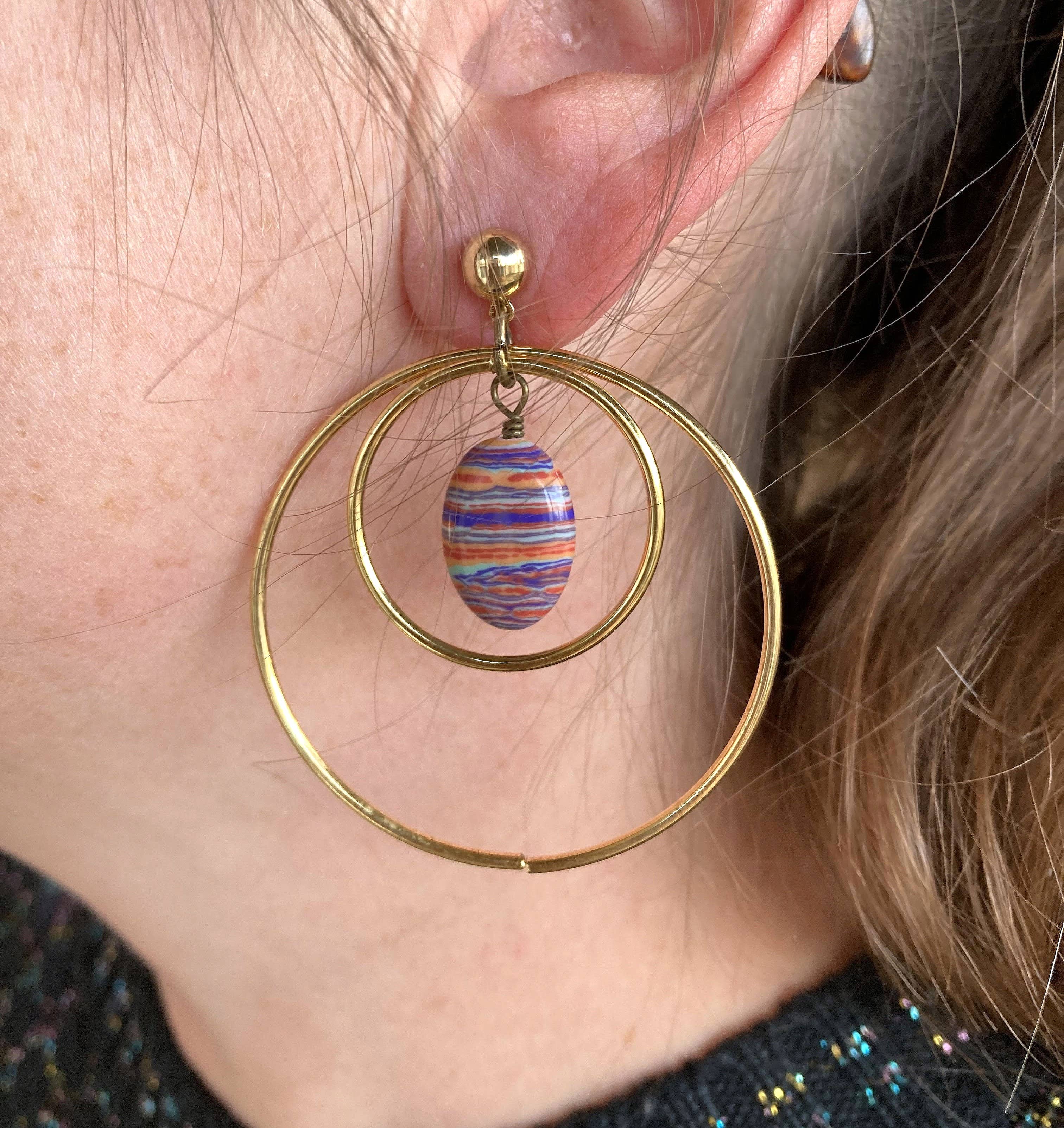 Tie Dye Bead & Gold Hoop Post Dangle Earrings