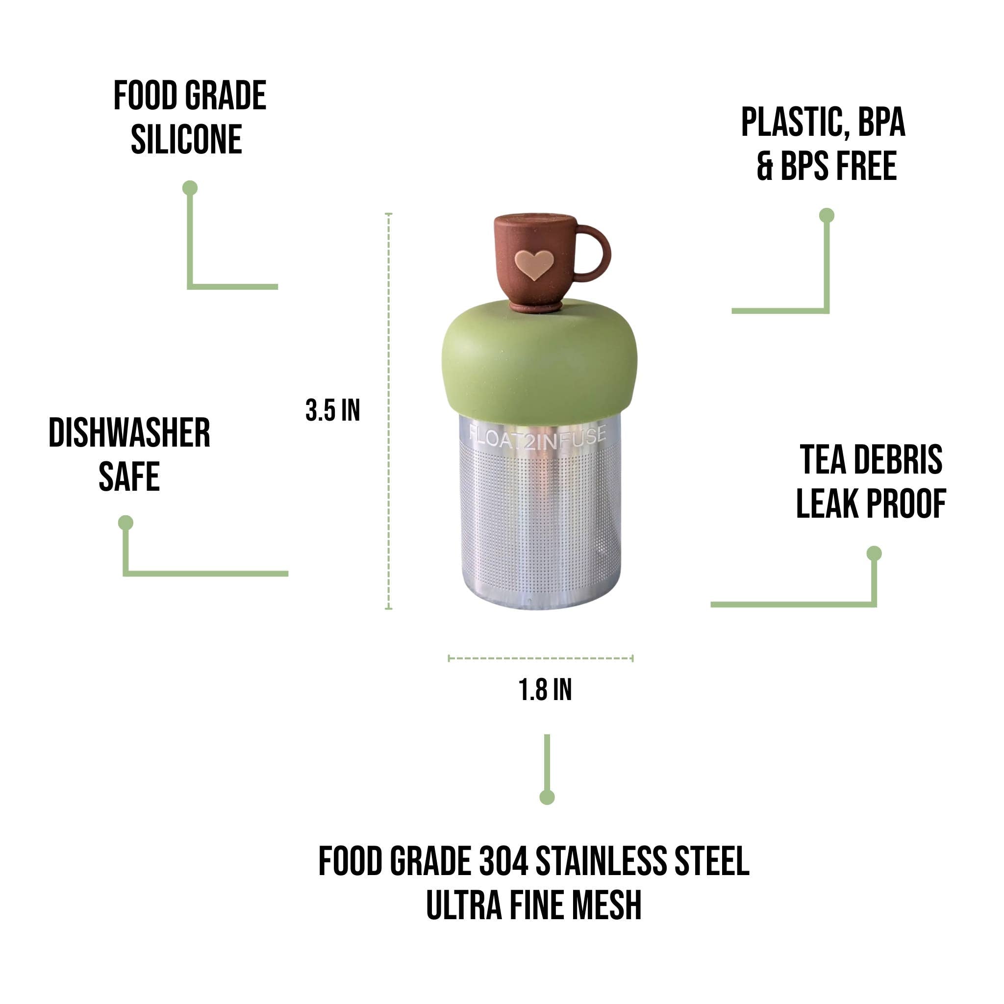 Heart Tea Cup | Floating Tea Steeper | Green Base | Brown