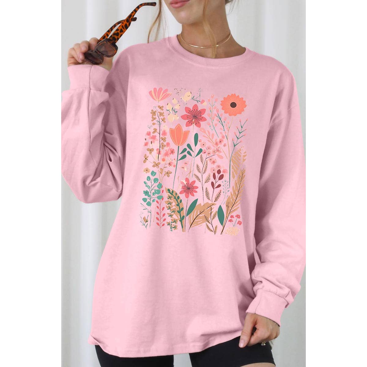 Pastel Wildflower Floral Graphic Long Sleeve Tees