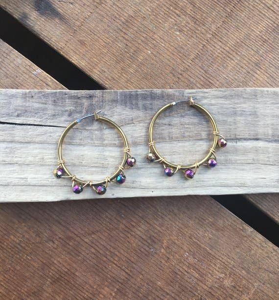 Rainbow Brass Beaded Hoops Earrings