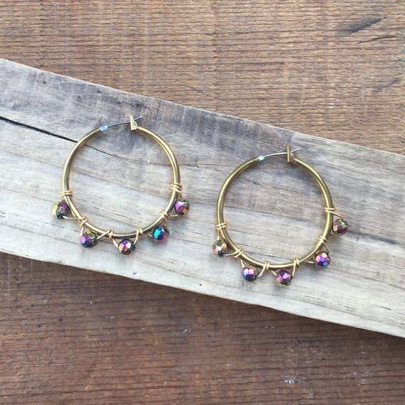 Rainbow Brass Beaded Hoops Earrings