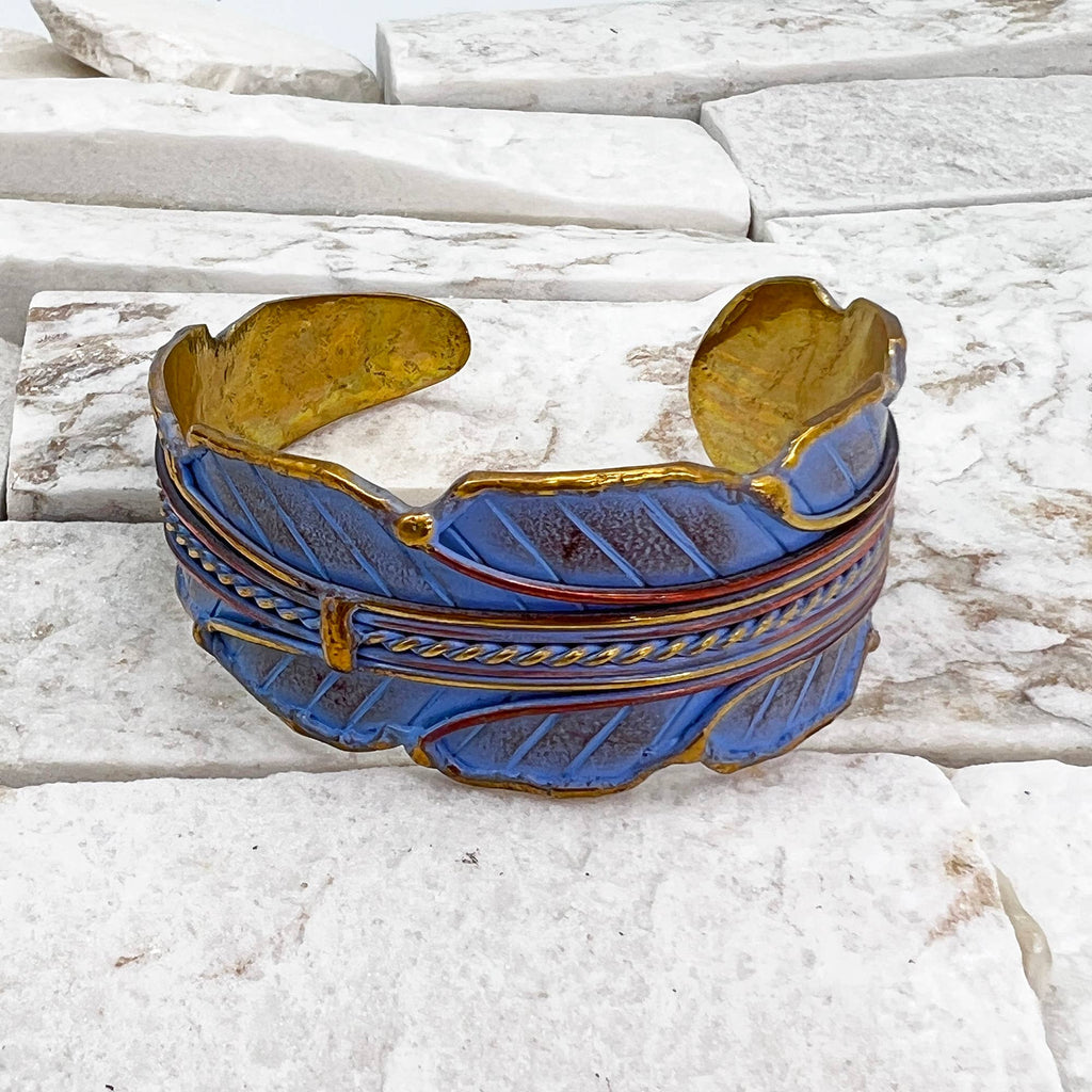 Blue Leaf Brass Patina Cuff Bracelet