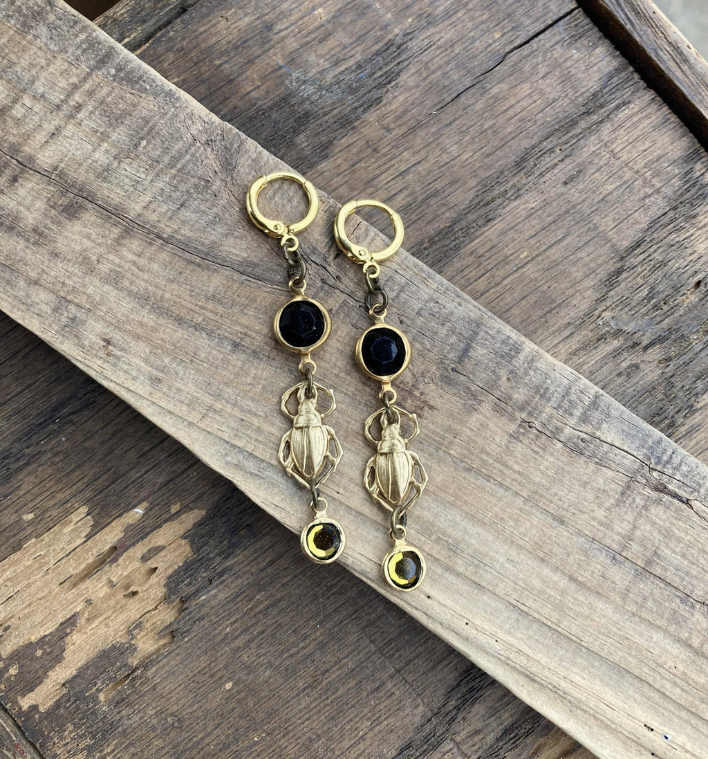 Brass & Crystal Beetle Huggie Hoop Earrings