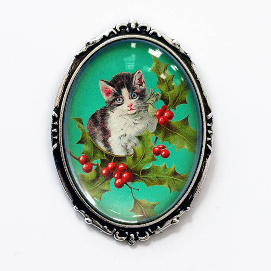 Vintage Christmas Kitten Holly Brooch Gold or Silver Holiday