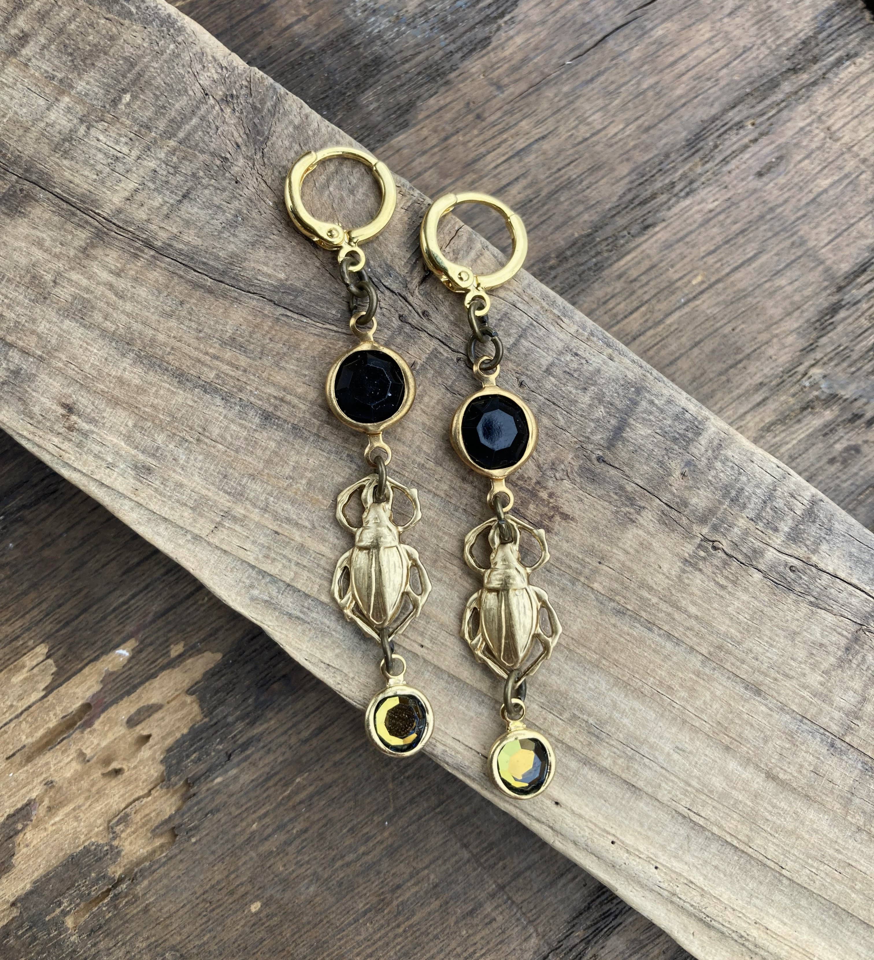 Brass & Crystal Beetle Huggie Hoop Earrings