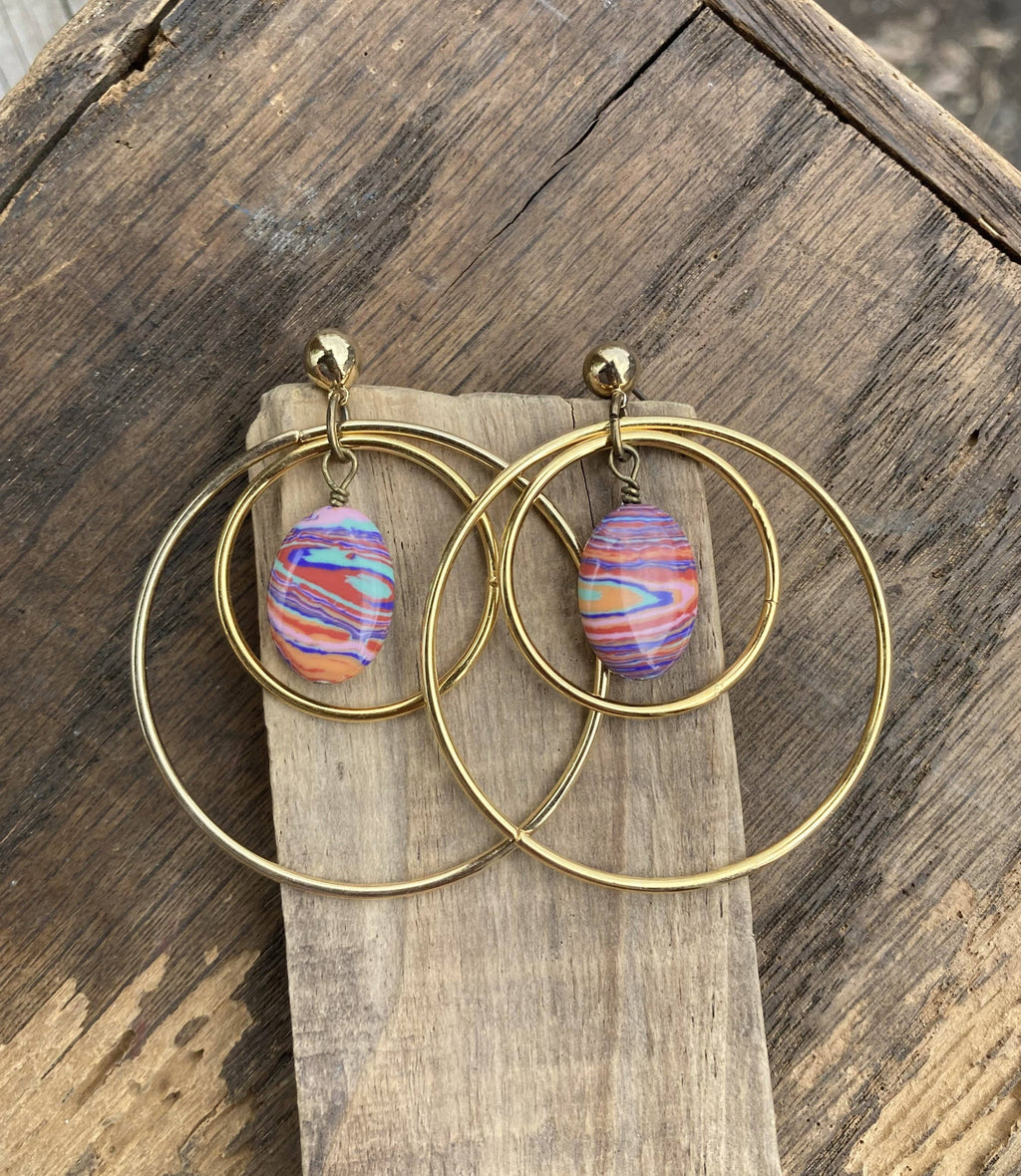 Tie Dye Bead & Gold Hoop Post Dangle Earrings