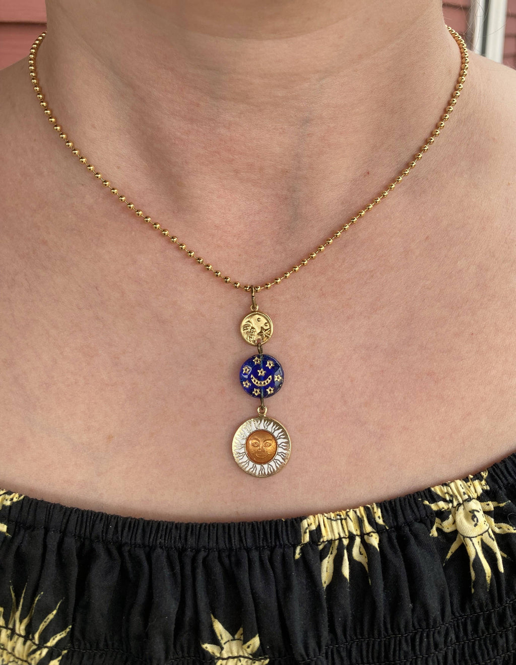 Enamel Sun & Crescent Moon Lariat Necklace