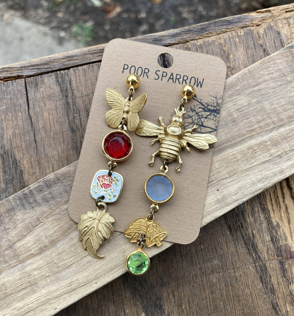 Nature Study Brass & Crystal Charm Earrings
