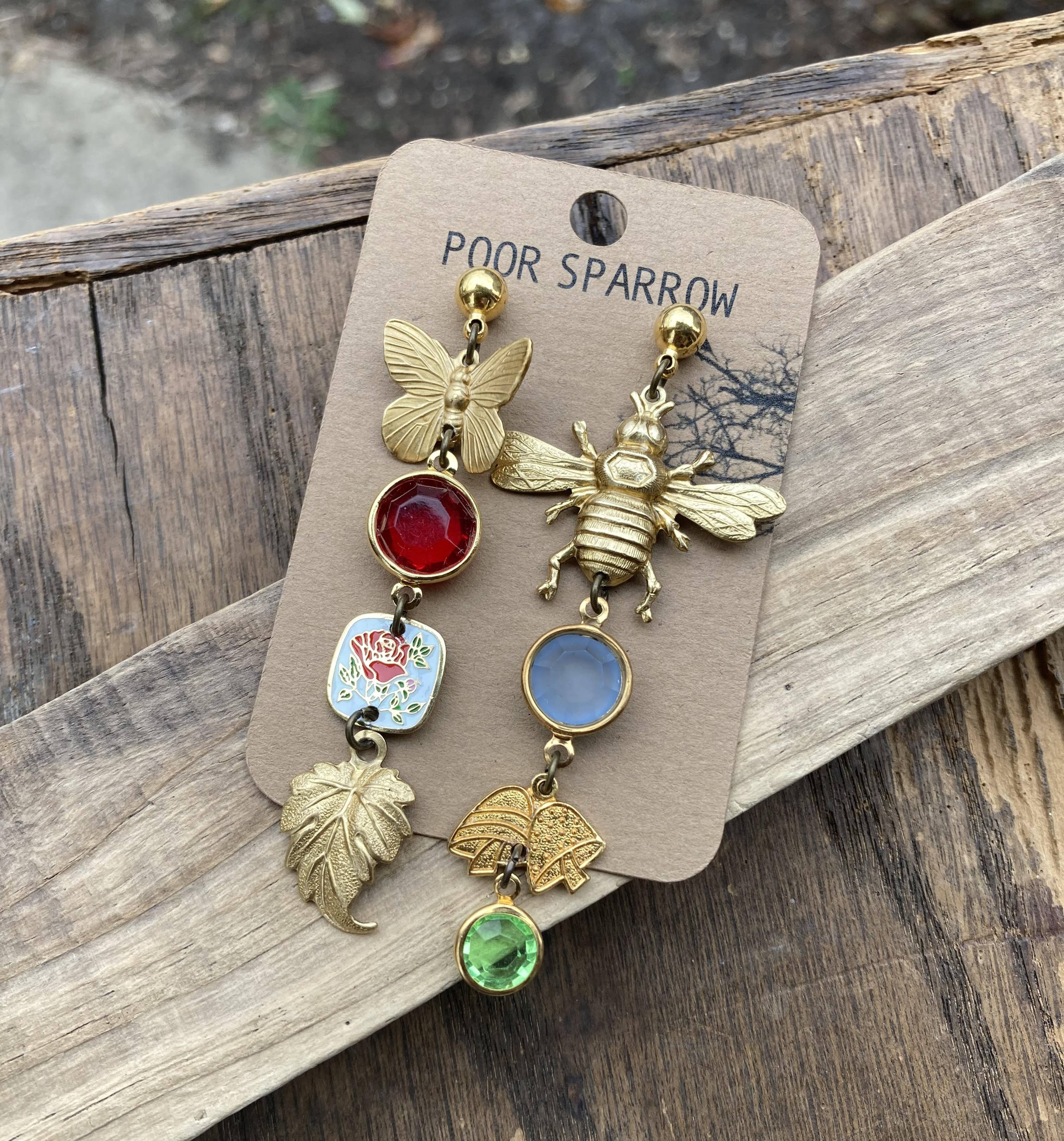 Nature Study Brass & Crystal Charm Earrings