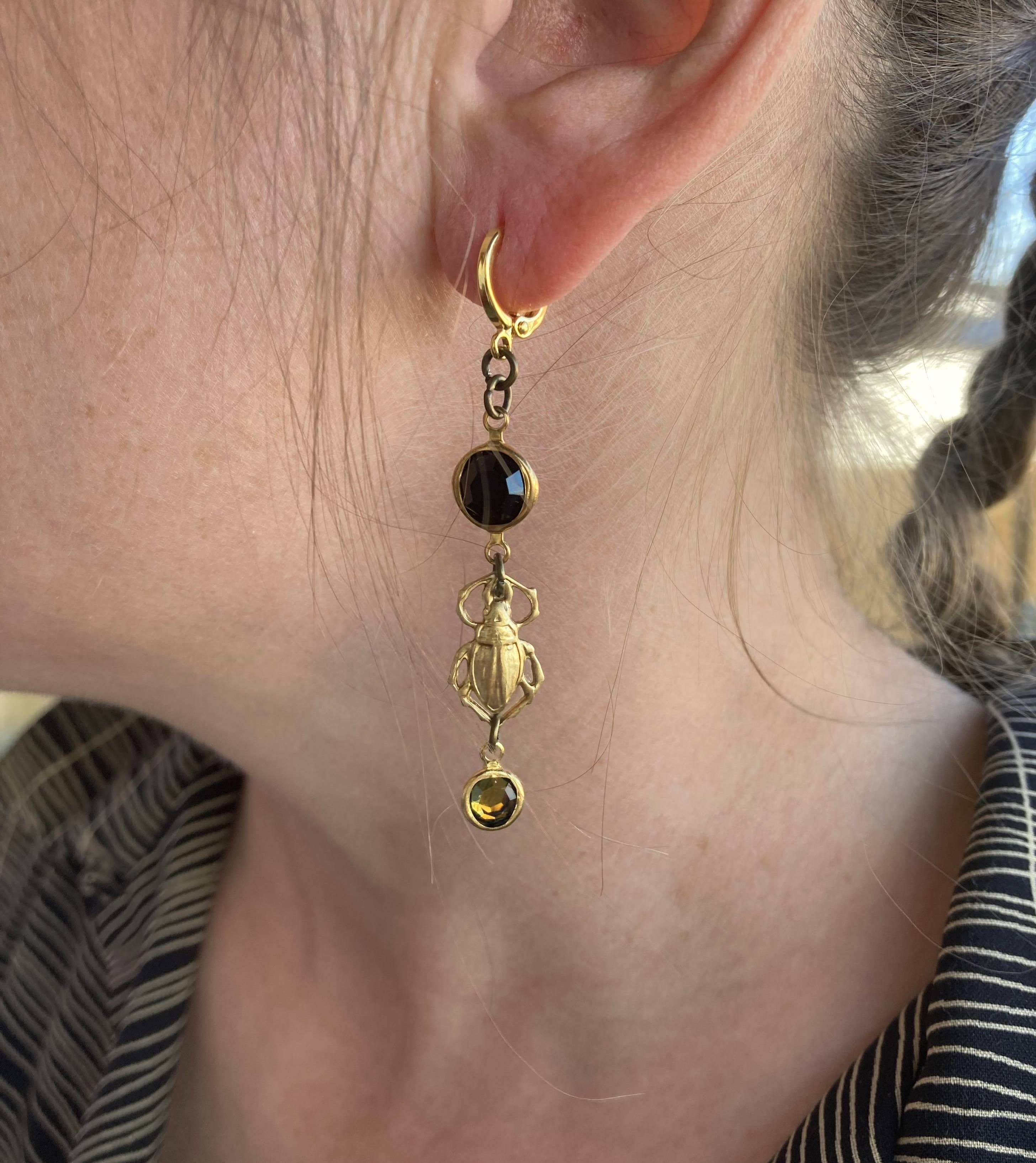 Brass & Crystal Beetle Huggie Hoop Earrings