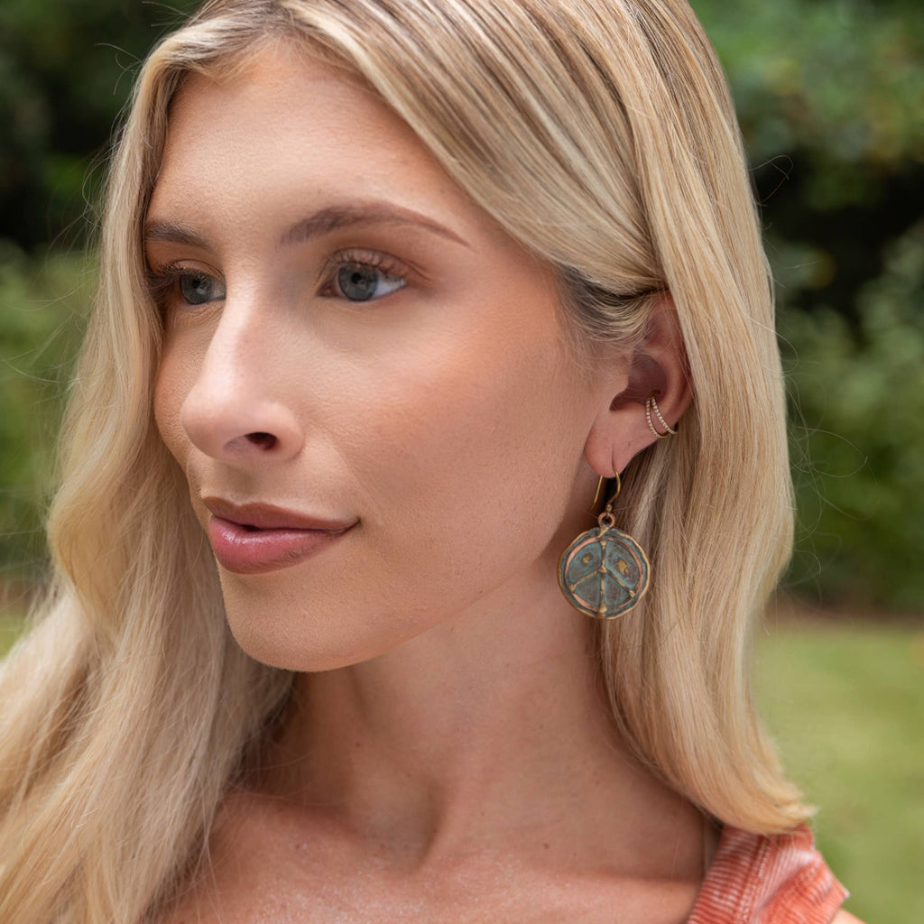 Peace Sign Brass Patina Earrings