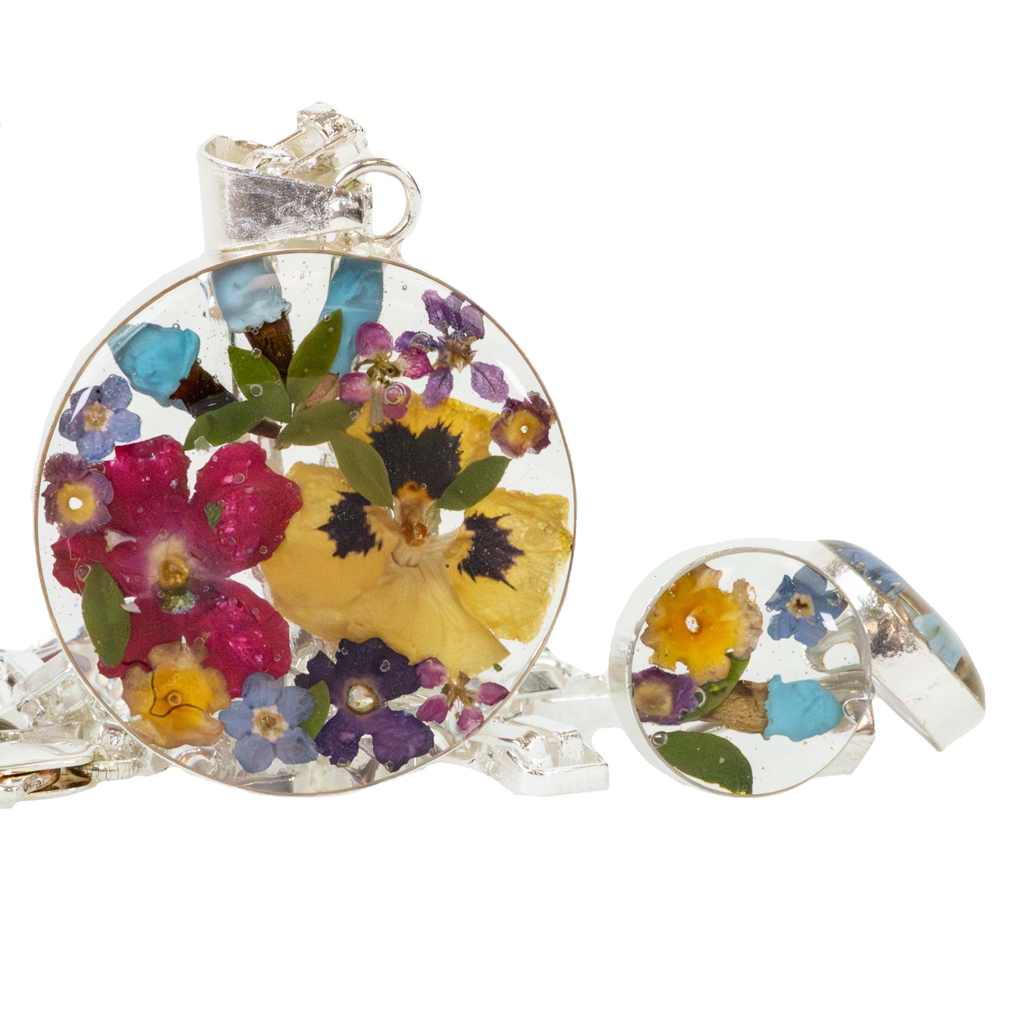 Alpaca Silver Pressed Flower Bouquet Round Pendant Necklace - MIXED COLORS