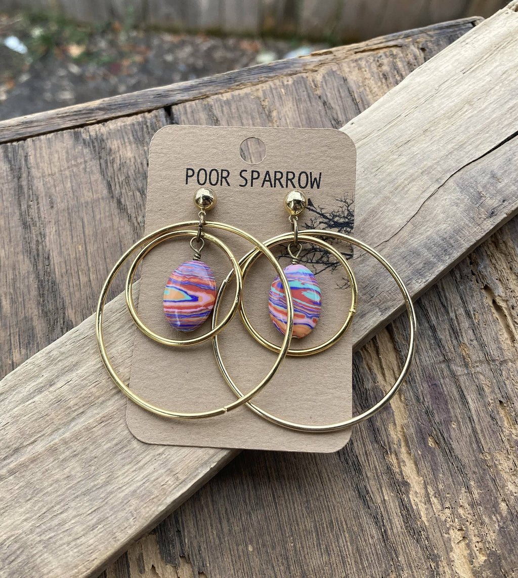 Tie Dye Bead & Gold Hoop Post Dangle Earrings