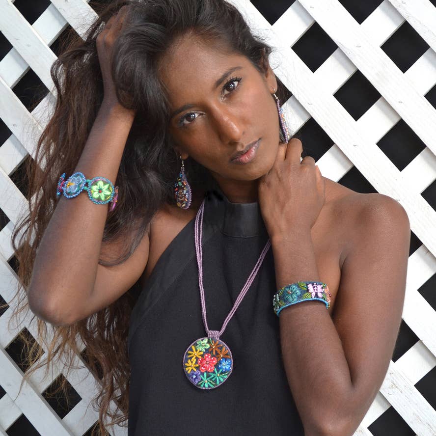 Embroidered & Beaded Denim Flower Cuff Bracelet