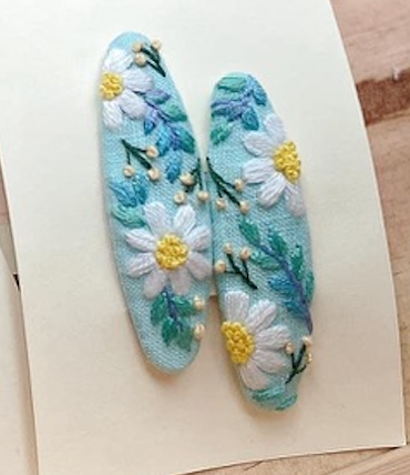 Floral Embroidered Hair Barrette Pair