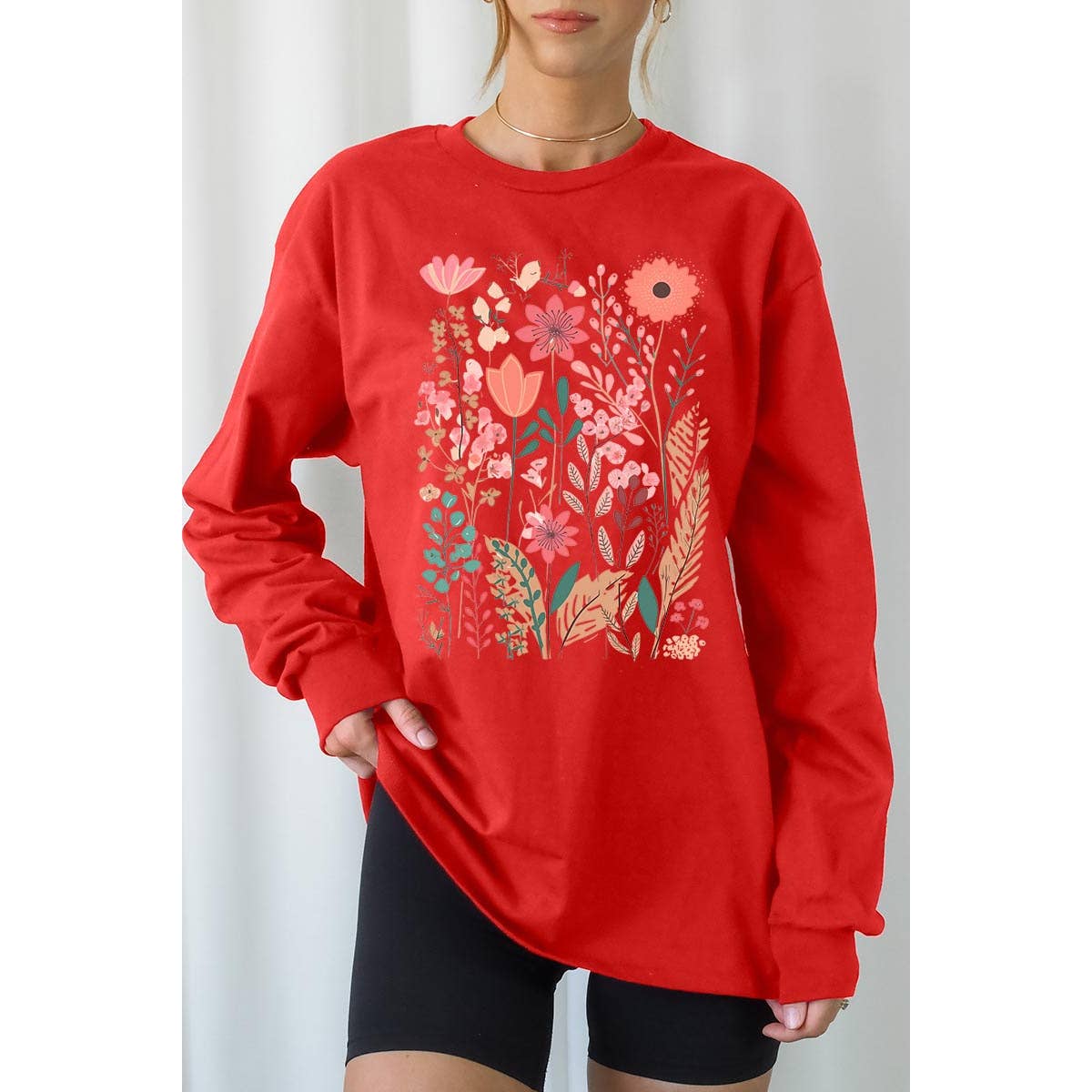 Pastel Wildflower Floral Graphic Long Sleeve Tees