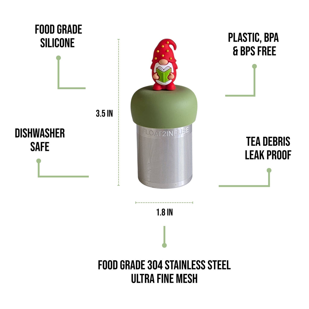 Book Reading Gnome | Floating Tea Infuser | Green Base | Red