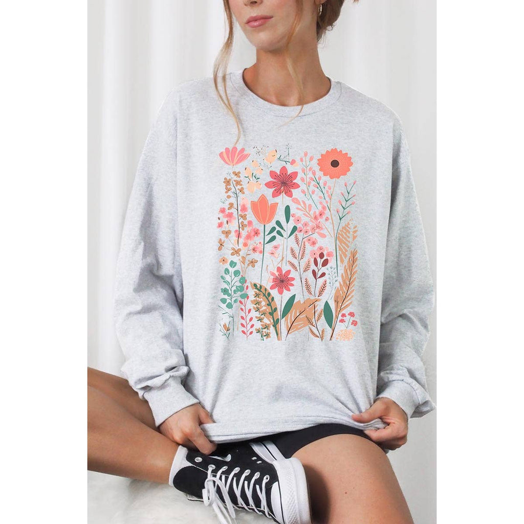 Pastel Wildflower Floral Graphic Long Sleeve Tees