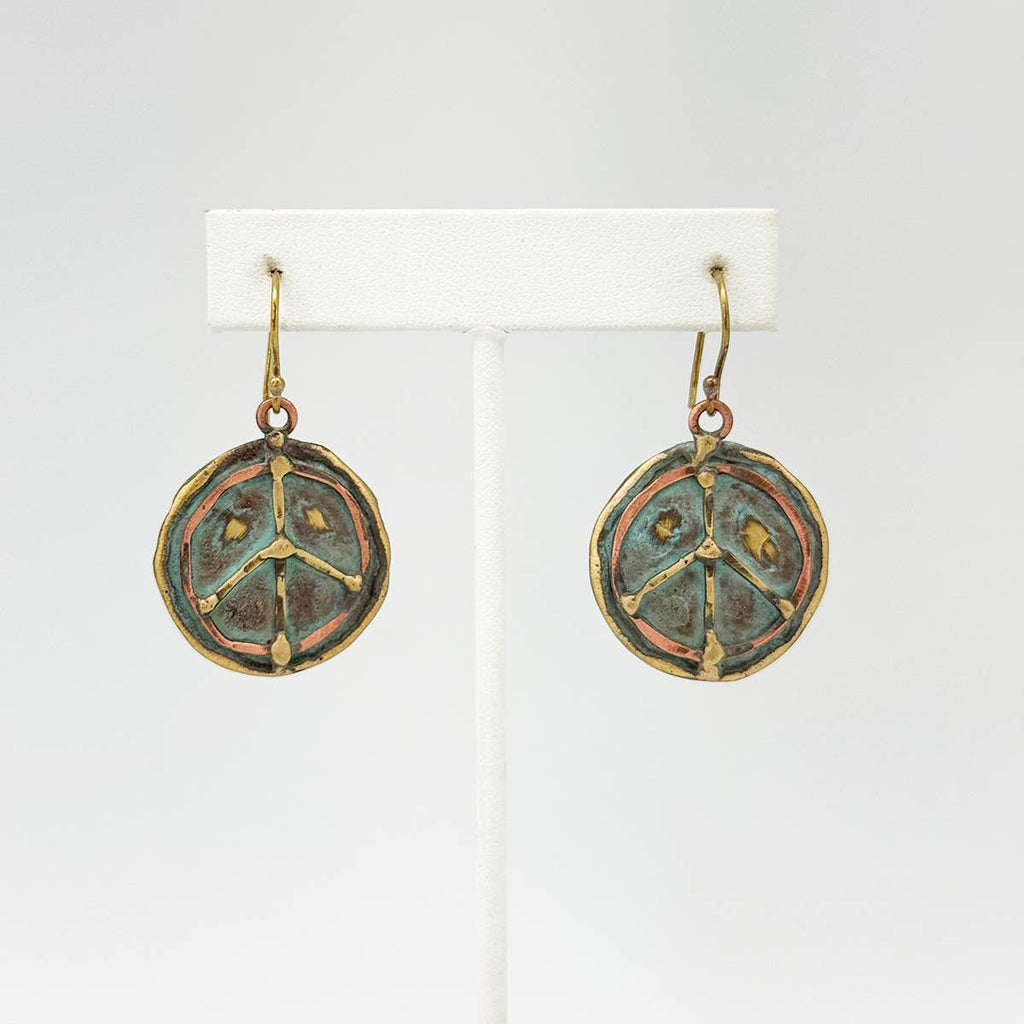 Peace Sign Brass Patina Earrings