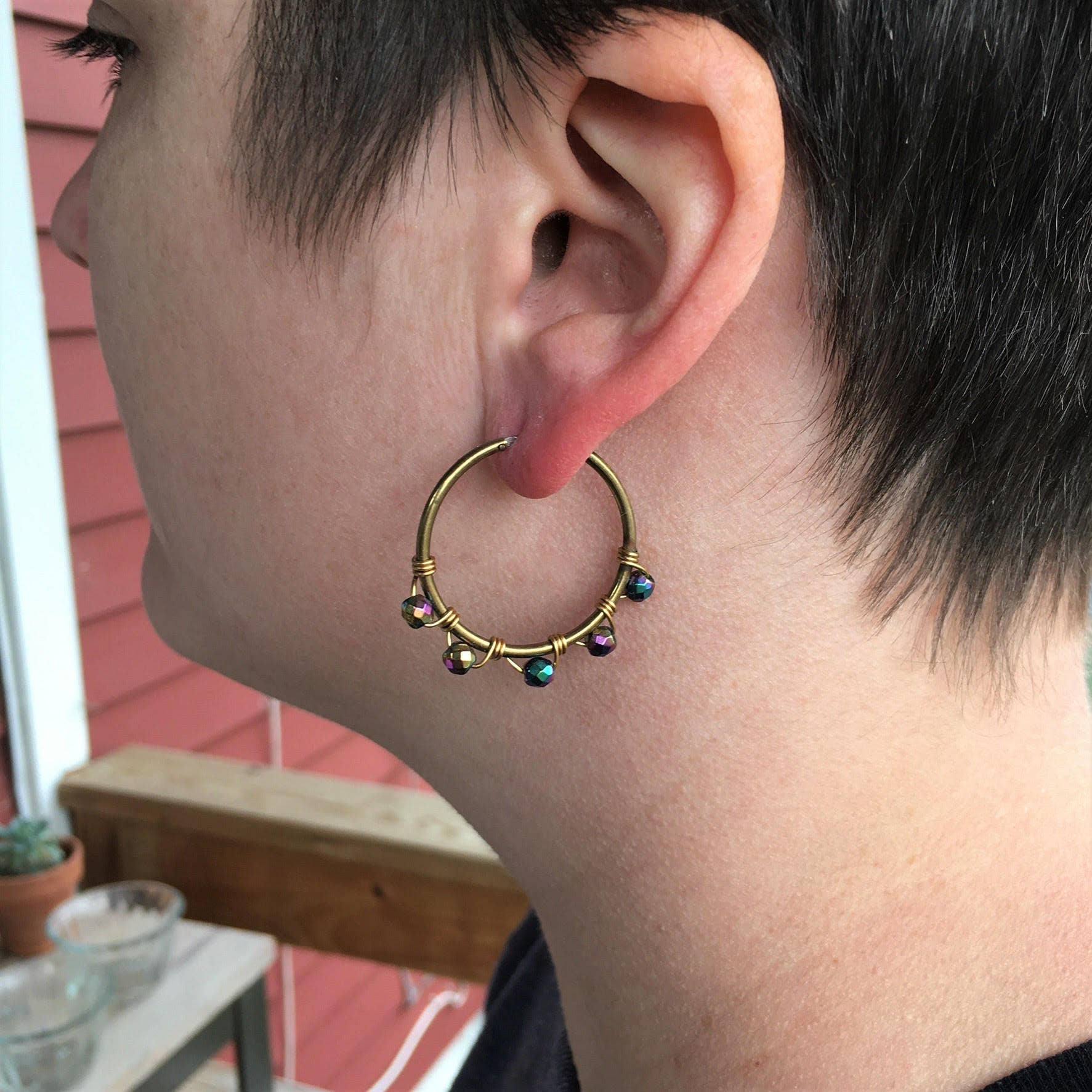 Rainbow Brass Beaded Hoops Earrings
