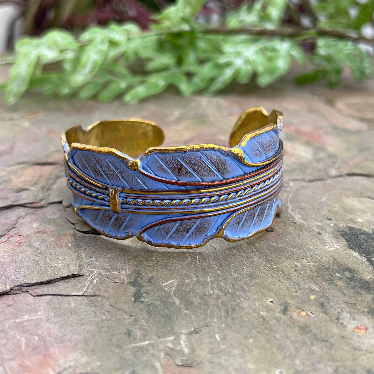 Blue Leaf Brass Patina Cuff Bracelet
