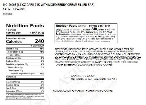 Moodibars BERRY HAPPY Dk Choco Mixed Berry Cream 1.5 oz bar