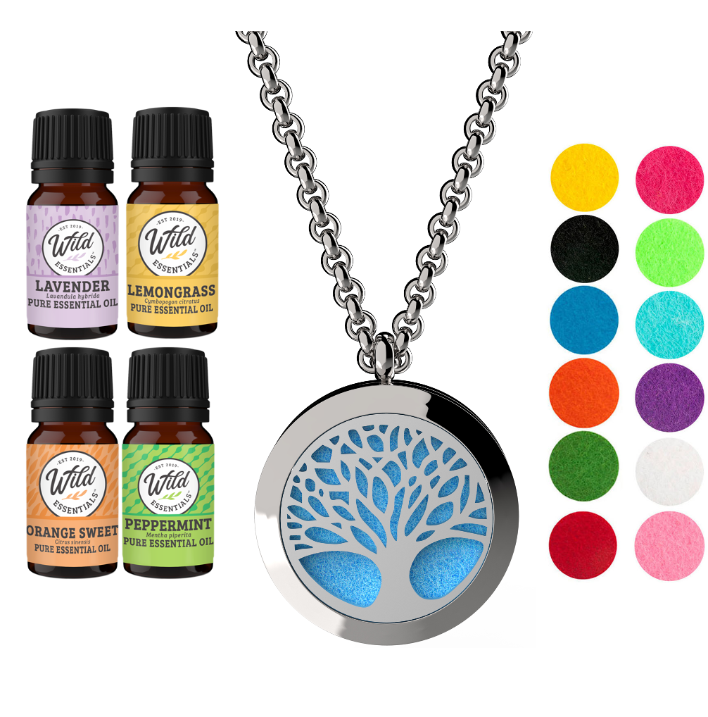 Tree Of Life Essential Oil Diffuser Necklace Set w/ 4 Oils