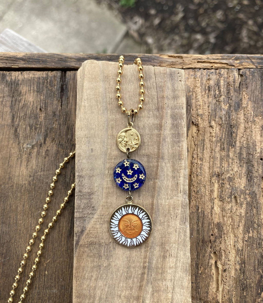Enamel Sun & Crescent Moon Lariat Necklace