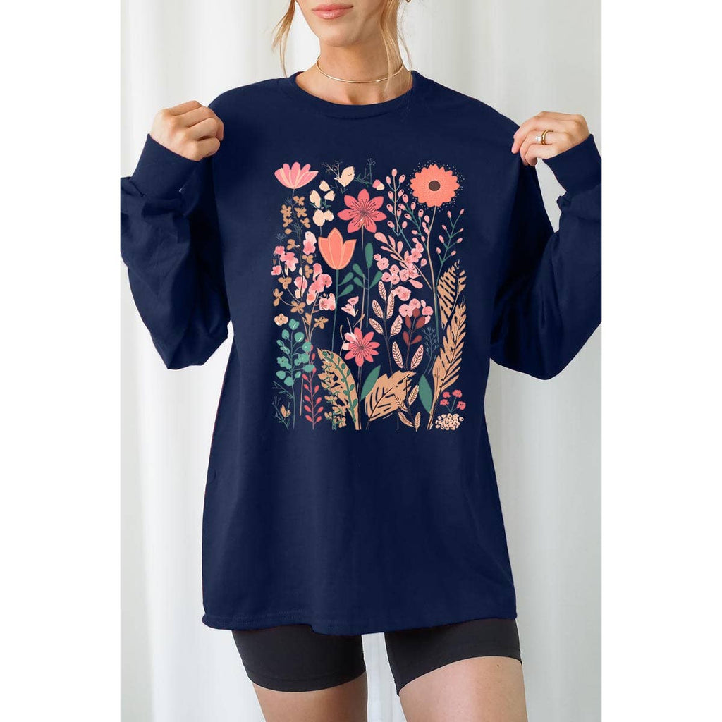 Pastel Wildflower Floral Graphic Long Sleeve Tees