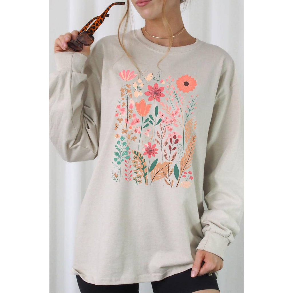 Pastel Wildflower Floral Graphic Long Sleeve Tees