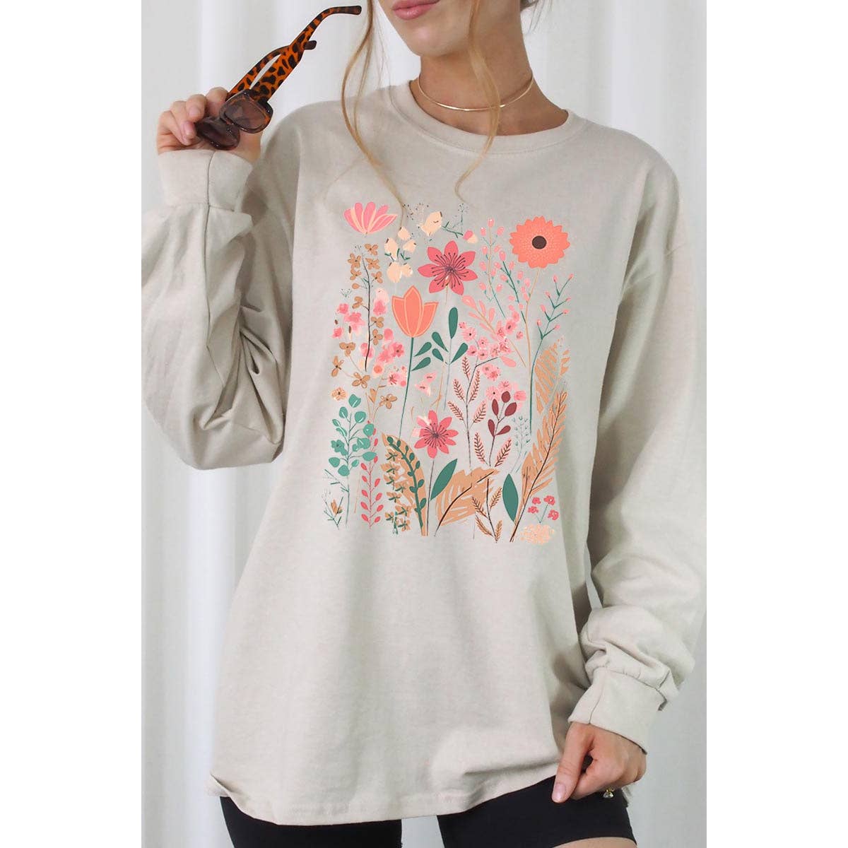 Pastel Wildflower Floral Graphic Long Sleeve Tees