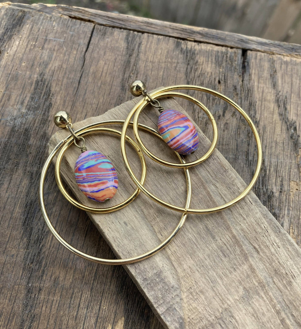 Tie Dye Bead & Gold Hoop Post Dangle Earrings