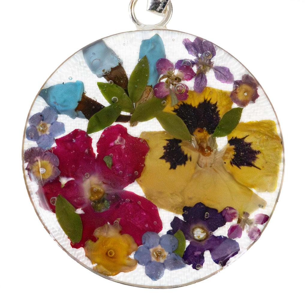Pressed Flower Bouquet Round Pendant Necklace