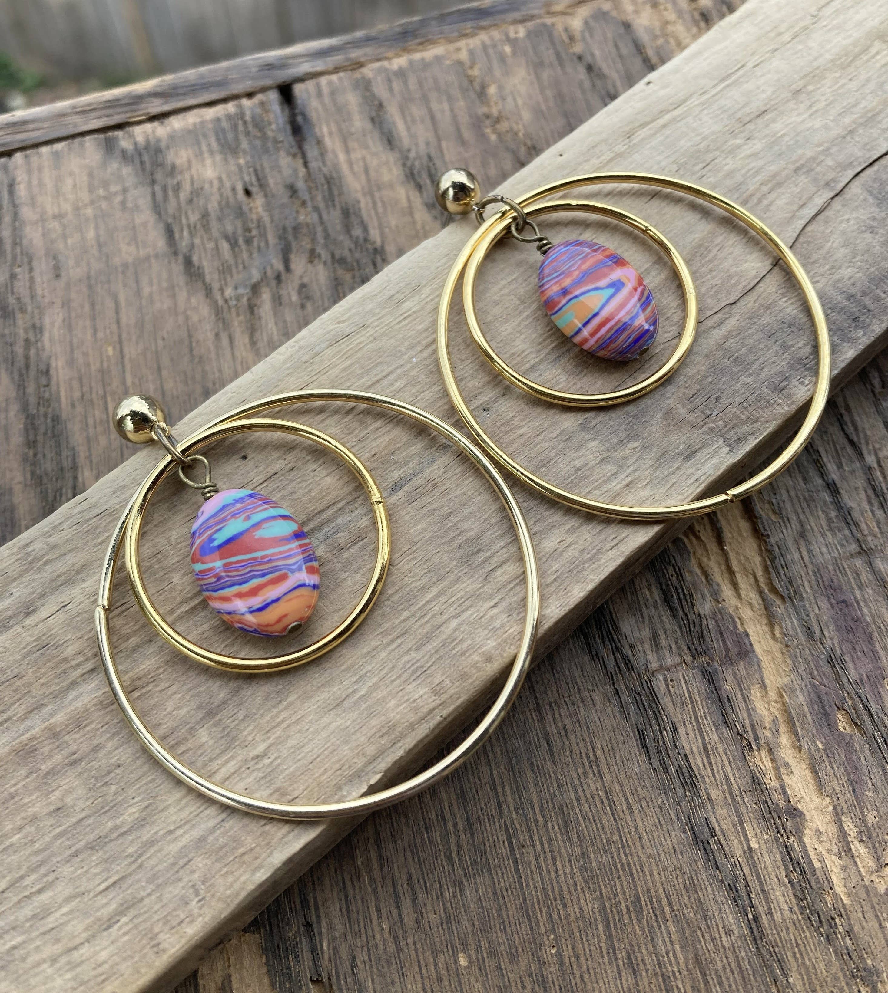 Tie Dye Bead & Gold Hoop Post Dangle Earrings